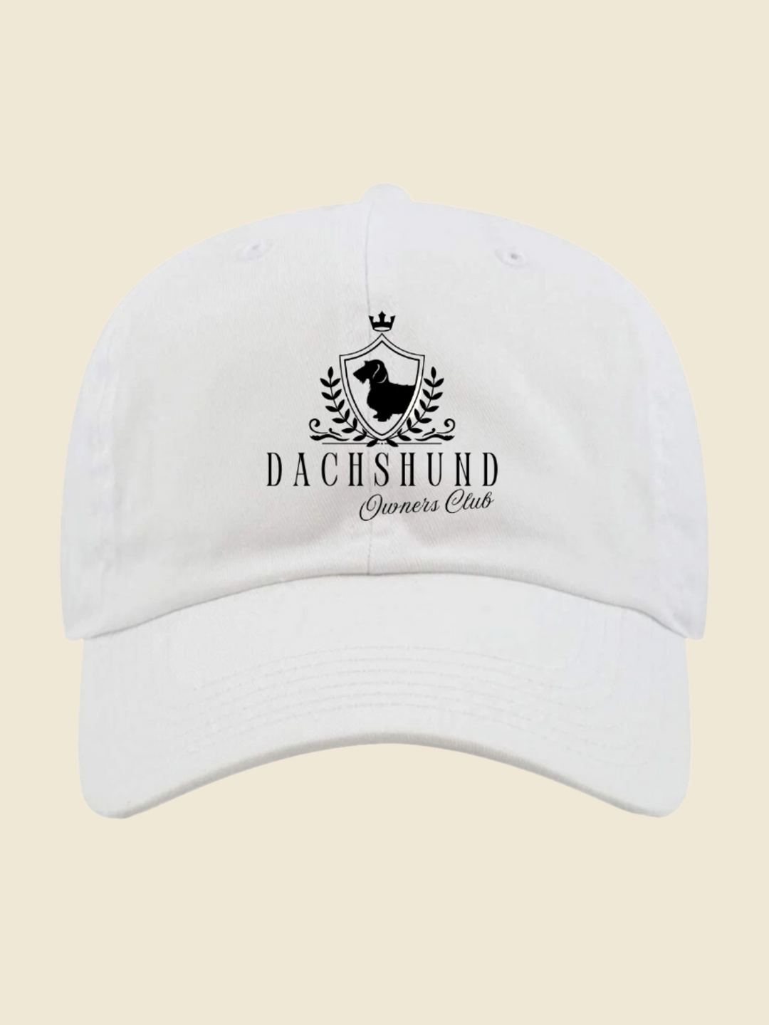 white cap with dachshund crest in black