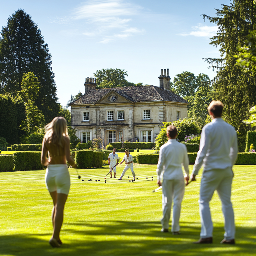 image of a group of young people in white outfits playing croquet on lawn in front of English country manor house